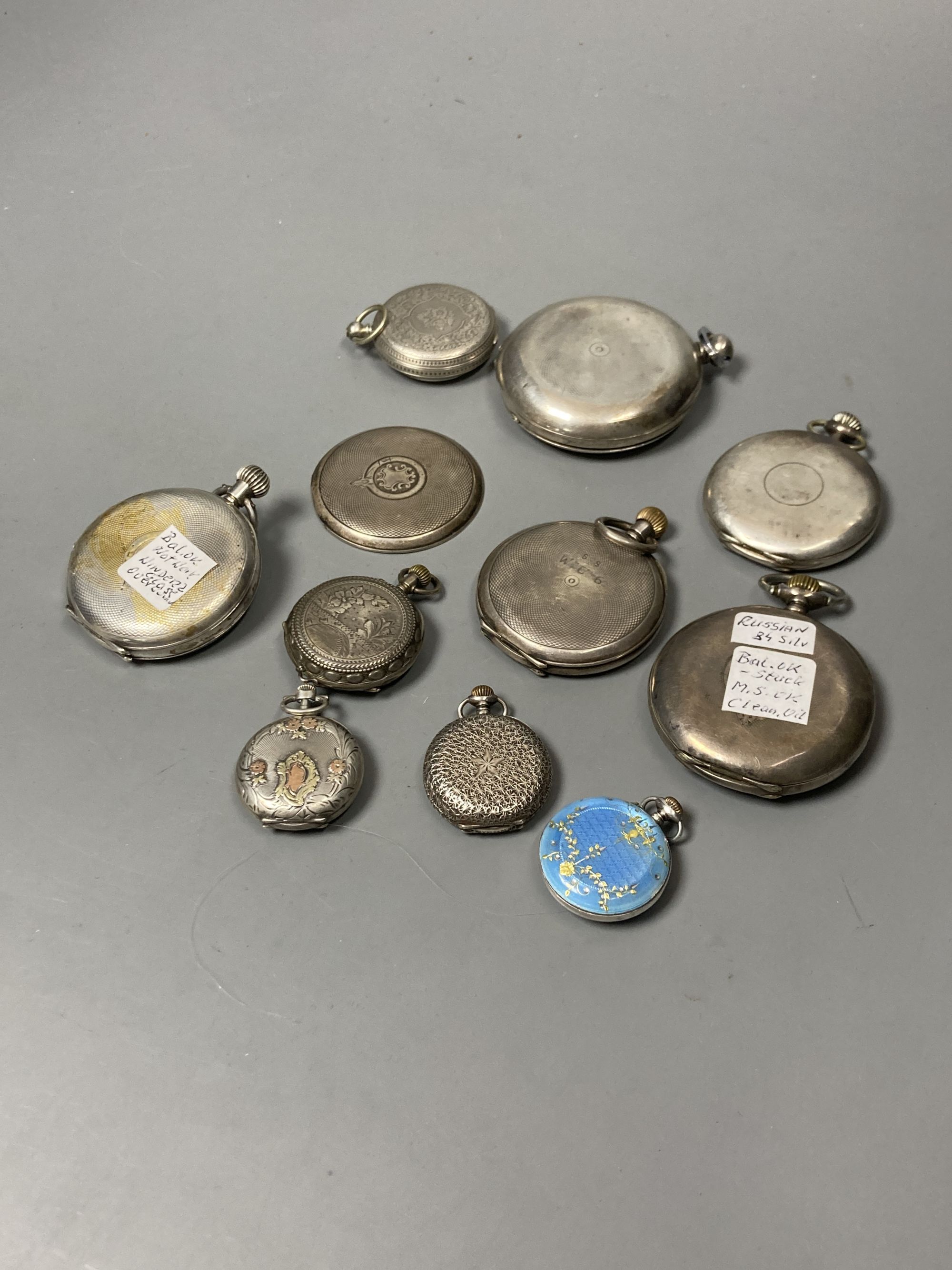Ten assorted silver or white metal pocket and fob watches, including Russian, silver calendar moonphase and enamelled fob watch (all mainly a.f.).